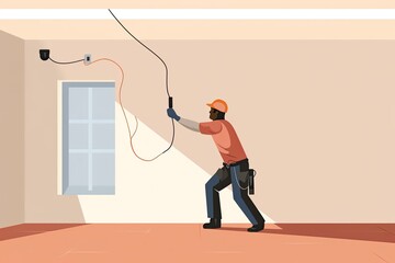 An electrician works in a room with wiring and lighting, flat illustration, Electrical maintenance of residential and office premises, Generative AI