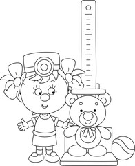 Cute little girl playing doctor and measuring a height of her funny toy bear in a playroom of a nursery school, black and white outline vector cartoon illustration for a coloring book
