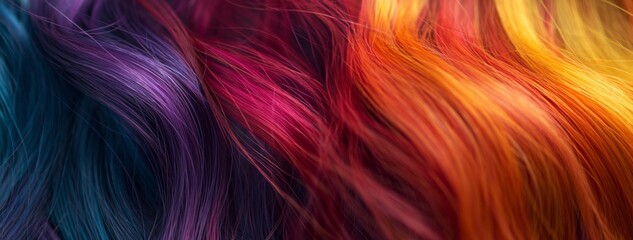 Header with womans bright rainbow hair. Close up view of a wavy shiny curls. Hair colouring - obrazy, fototapety, plakaty