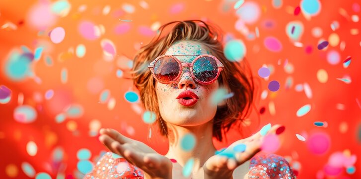 Amidst the vibrant bubbles and glittering confetti, a carefree woman donning goggles and sunglasses exudes joy and playfulness in her portrait