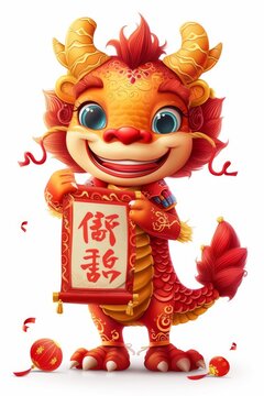 Mascot cute dragon holding a congratulatory wealth scroll at the bottom of the picture, numerous facial expressions and poses, children's book character with a simple Chinese