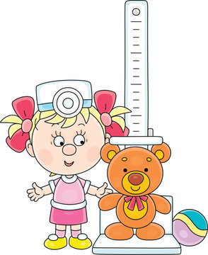 Cute little girl playing doctor and measuring a height of her funny toy bear in a playroom of a nursery school, vector cartoon illustration isolated on a white background