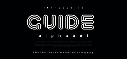Guide Double line monogram alphabet and tech fonts. Lines font regular uppercase and lowercase. Vector illustration.