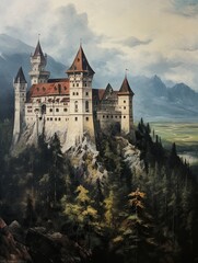 Fototapeta premium Vintage Painting: Majestic European Castles and Historic Castle Art