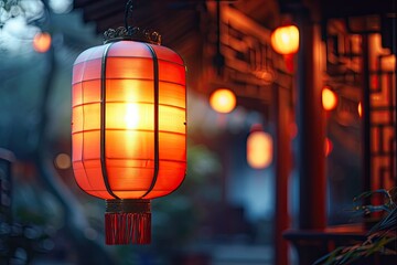 Chinese glowing lantern with red flames inside - obrazy, fototapety, plakaty