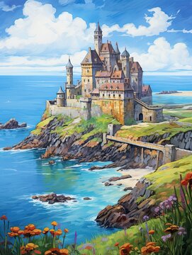 Grand European Castles Seascape Art Print: Coastal Castles Overlooking Seas