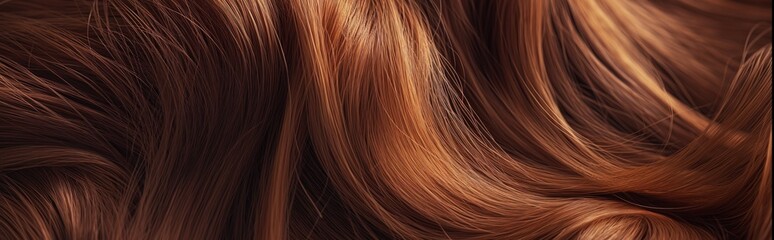 Header with womans beautiful brunette hair. Close up view of a wavy shiny curls. Hair colouring