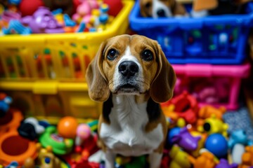 A curious beagle puppy happily lounges amidst a sea of toys, his wagging tail and inquisitive gaze revealing the playful joy of a beloved indoor pet
