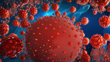 Coronavirus 2019-nCoV and virus background with red disease cells, red blood cell. Cancer cells, malignant cells. Microscopic view of a infectious virus