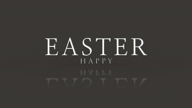 A minimalist logo for Happy Easter company, featuring white letters stacked to form the word Happy above Easter, against a black background