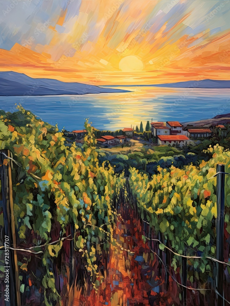 Wall mural italian vineyard sunsets: coastal art print of serene vineyards by the sea