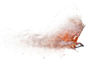 Flying sparrow. Abstract artistic nature. Dispersion, splatter effect. White background.