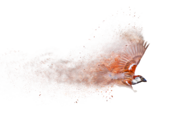 Flying sparrow. Abstract artistic nature. Dispersion, splatter effect. White background.