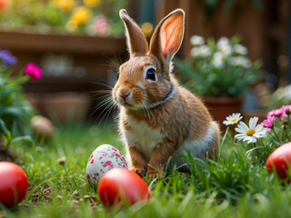 Whimsical scene of a bunny rabbit in a garden with colorful Easter eggs.