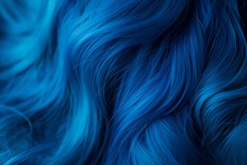 Close up view of a womans bright blue hair. Wavy shiny curls. Bright hair colouring - obrazy, fototapety, plakaty