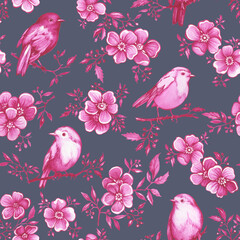 Seamless pattern with pink robins sitting on a cherry blossom branch. Hand drawn watercolor painting illustration isolated on gray background