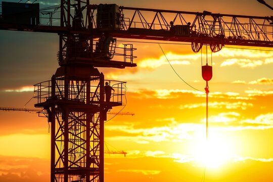 As the sun sets on the horizon, a lone figure stands atop a towering crane, their silhouette stark against the fiery sky, a symbol of determination and freedom in the ever-changing world