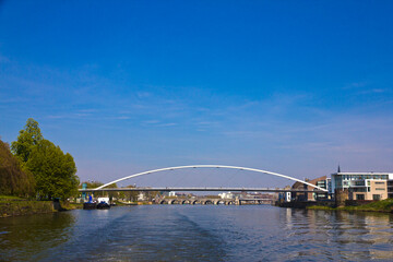 View of the Hoge Brug(High Bridge) pedestrian bridge over the river Maas in Maastricht area, South Limburg, Netherlands.
