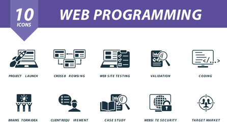 Web programming set. Creative icons: project launch, cross browsing, website testing, validation, coding, brainstorm idea, client requirement, case study, website security, target market.