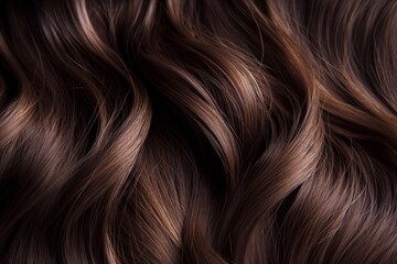 Close up view of a womans beautiful brunette hair. Wavy shiny curls. Hair colouring - obrazy, fototapety, plakaty