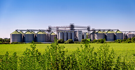 Large industrial building with many silos sits in field of green grass and tall plants.