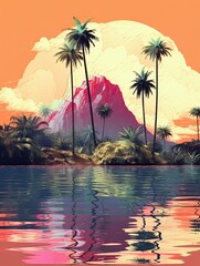 Modern Digital Glitch Art: Paradise Scene of Glitched Island