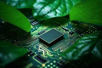 Green Leaf inside a Computer Circuit Board green technology and environmental technology Nature combined with digital technology. - obrazy, fototapety, plakaty