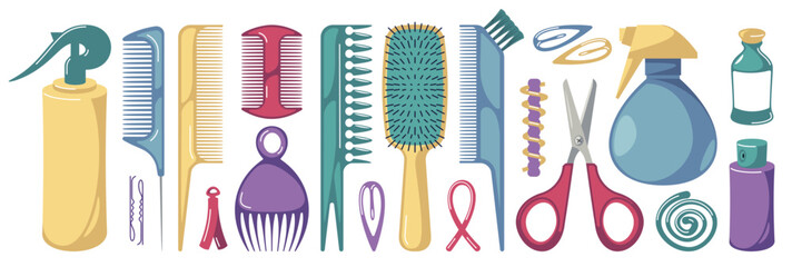 Cartoon comb. Hairbrush and hair styling tools, hairdressing accessories for haircut and hairstyle, beauty salon equipment. Vector isolated set. Scissors, hairpin, brush and spray bottle