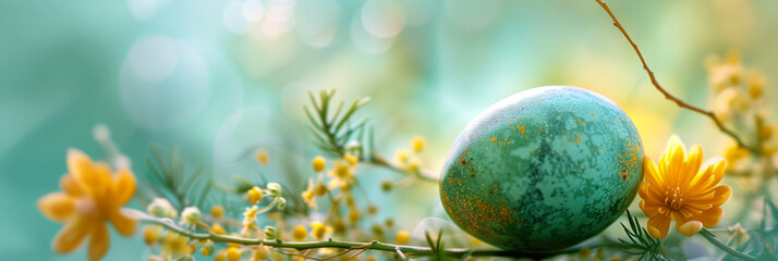 Obraz na płótnie Canvas Easter egg and flower with blur bokeh background in the grass. Easter and spring wallpaper