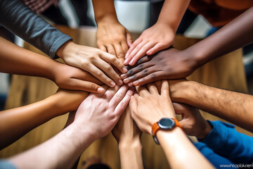 Group of young people holding hands together. Teamwork concept. Close up.