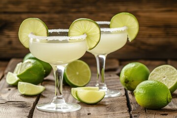 This is a photograph of two modern margarita glasses with a rim of salt surrounded by fresh cut limes on a retro wood background 