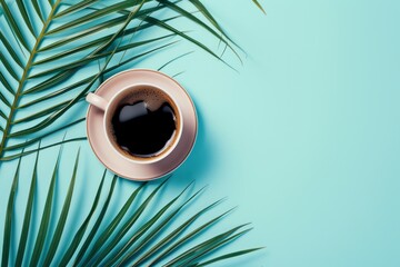 This is a photograph taken in the studio of a modern Coffee cup with black coffee on a baby blue powder background 