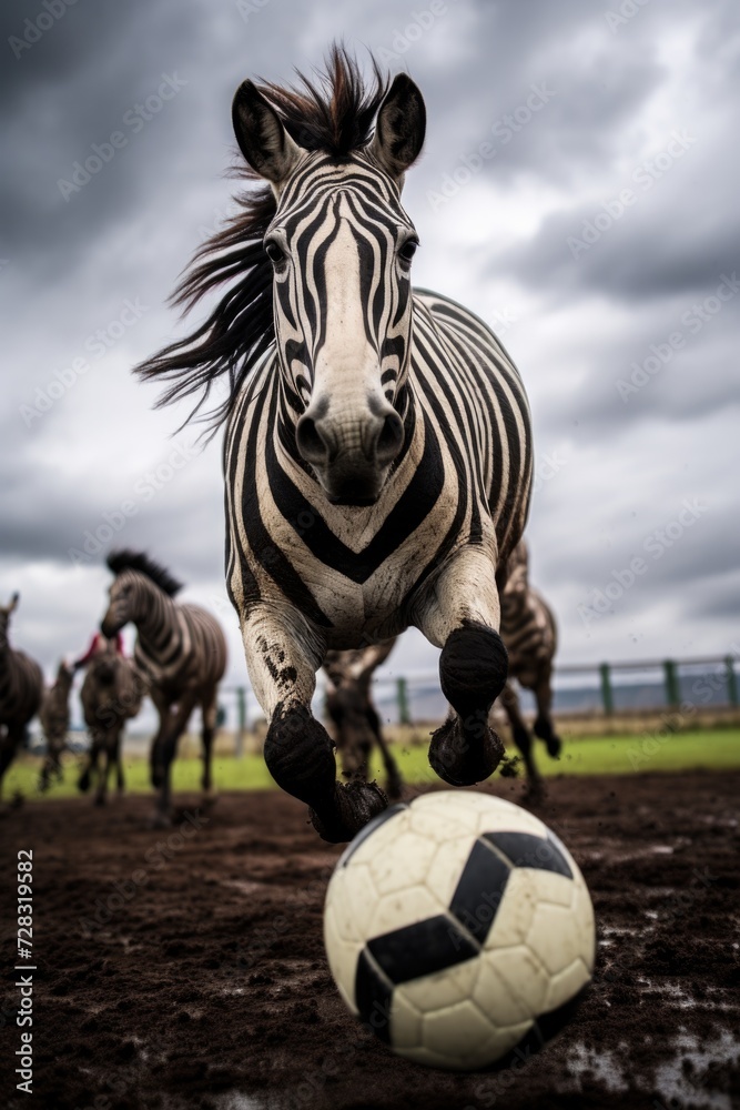 Sticker A zebra running towards a soccer ball. Generative AI.