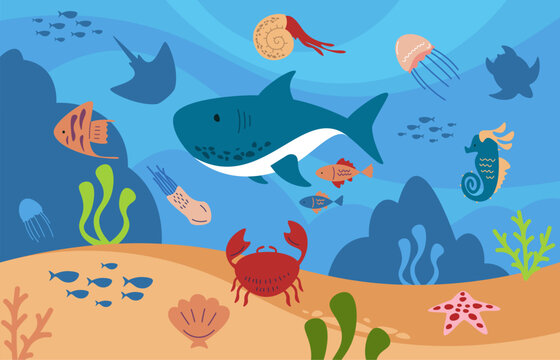 Cartoon underwater landscape with animals. Sea bottom with fish, octopus, jellyfish, crab, algae and seaweed. Vector marine wildlife illustration. Underwater life with seahorse, stingray