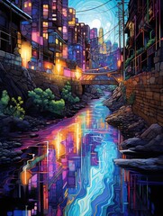 Neon River Reflections: Tranquil Nightscape of a City
