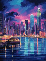 Neon City Nightscapes: Stunning Harbor Views and Seascape Art Prints
