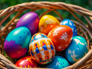 A basket of vibrantly painted Easter eggs, capturing the festive spirit with a burst of colors and artistic flair.