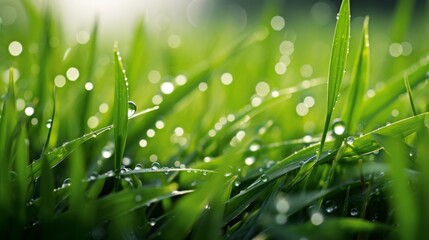 A close-up of dew-kissed grass blades, capturing the morning's serene and refreshing essence