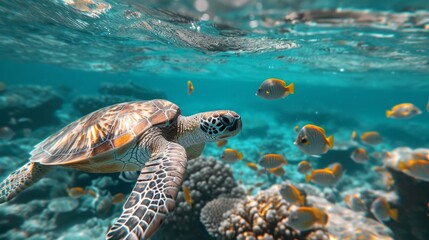 A graceful sea turtle gliding through crystal-clear waters, surrounded by schools of shimmering fish.