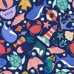 Cute marine animals pattern. Seamless print of underwater ocean wildlife, cartoon print of funny fish, octopus, crab, turtle and whale. Vector texture. Jellyfish, seahorse and starfish