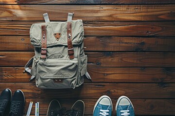 This is an overhead photograph of a backpack on a wood canvas of retro planks. It is surrounded by...