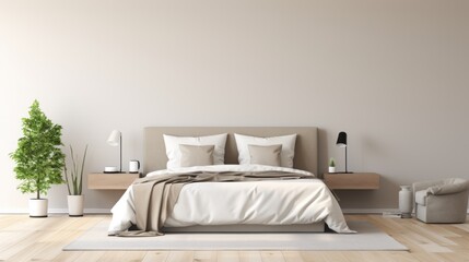 A minimalist luxury bedroom with a plush, oversized headboard and soft, neutral tones.