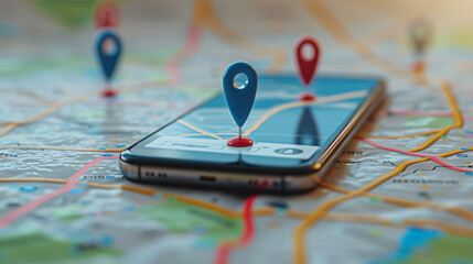 3D Map travel location on smartphone. Locator mark of map and location pin or navigation icon sign...