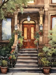Fototapeten New York Brownstone Art Wall: Vintage Painting City Homes - Unique Wall Art Inspired by the Charm of New York City © Michael