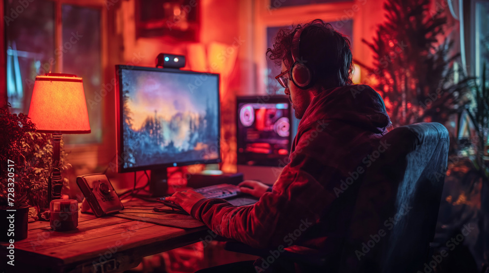 Poster focused cybersecurity expert analyzing code in a neon-lit room, intently working on computer with hd