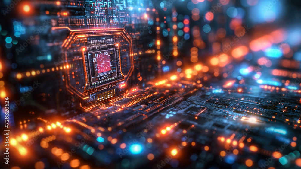 Poster illuminated circuit board with glowing red neon lights showcasing electronic components, representin