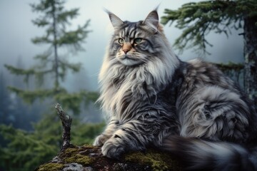 Naklejka na ściany i meble A long haired cat sitting on a rock in the forest. Generative AI.