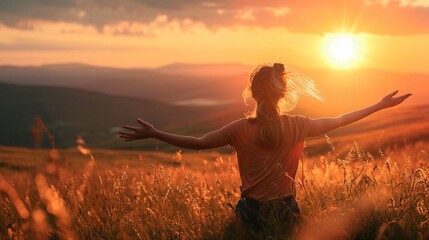 Happy woman on the sunset in nature