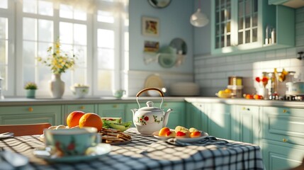 Light kitchen with teapot Cups and snacks - obrazy, fototapety, plakaty