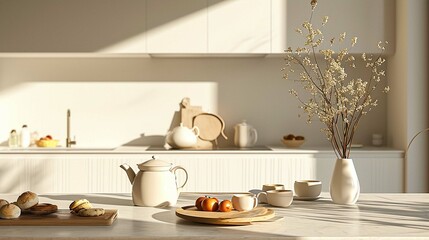 Fototapeta na wymiar Light kitchen with teapot Cups and snacks